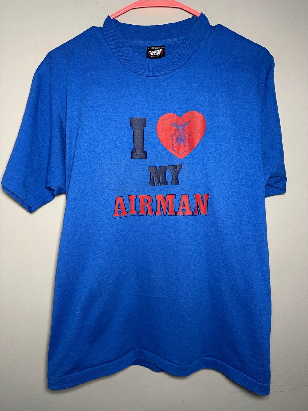 Screen Stars I Love My Airman Military vintage Royal Blue with Red Print
